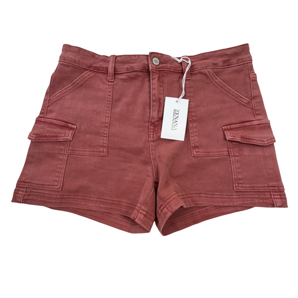 Zenana Cotton Cargo Shorts Women Large Rose Pink High Rise Utility Stretch Denim